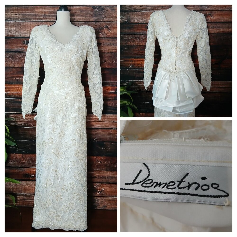 Demetrios Vintage 1980s Wedding Dress Gown Ivory Beaded Sequin Lace Mesh Bow USA